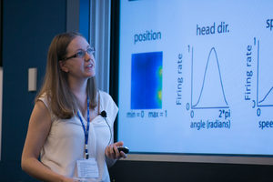 A woman with glasses presents scientific graphs on a screen, including charts labeled position, head dir., and Firing rate, during a lecture or conference.