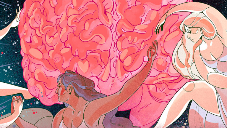 Illustration of people dancing around a brain