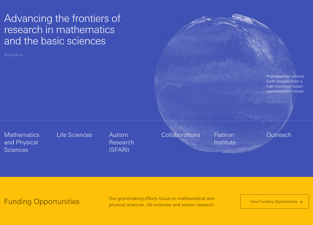 Image of Simons Foundation homepage. Top headline says 