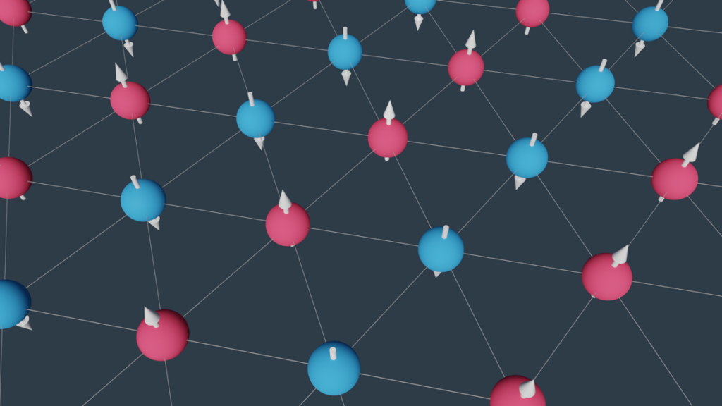 A digital illustration of multiple 3-D spheres connected to each other with diagonal and parallel lines. The spheres colored red have through them white arrows pointing upwards and the spheres colored blue have white arrows going through them that are pointing downwards.