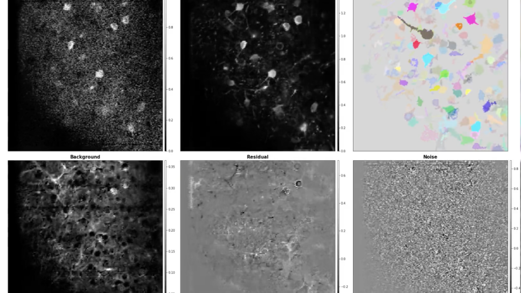 Image showing how researchers separate raw calcium imaging data (top, left) into several components, including contributions from single neurons (color) and uncorrelated noise. Here, the denoised data is compressed 100-fold compared to the raw video with minimal visible loss of signal