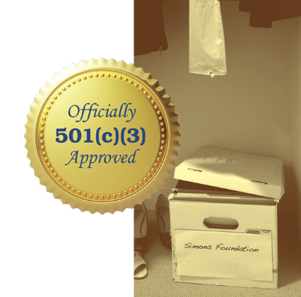A gold seal reads Officially 501(c)(3) Approved. Next to it, a file box labeled Simons Foundation sits on the floor beneath some hanging clothes in a closet.