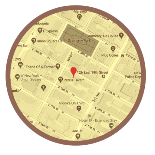 Map with a red location pin at 126 East 19th Street, near Petes Tavern in New York City. Nearby landmarks include Gramercy Park and Union Square Cafe. Streets and notable businesses are labeled.