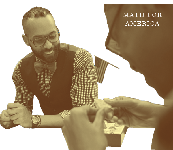 A smiling man wearing glasses and a bow tie interacts with someone offscreen. The text Math For America appears above his hand. An American flag is visible in the background.