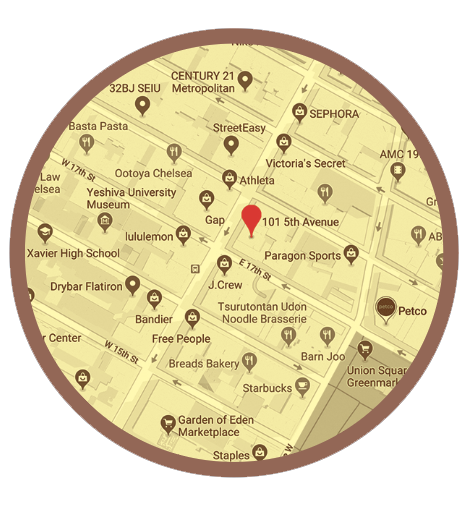 A circular map shows a section of Manhattan with a red location pin near 101 5th Avenue, surrounded by nearby shops, cafes, and landmarks, including Paragon Sports, Sephora, and Barnes & Noble.