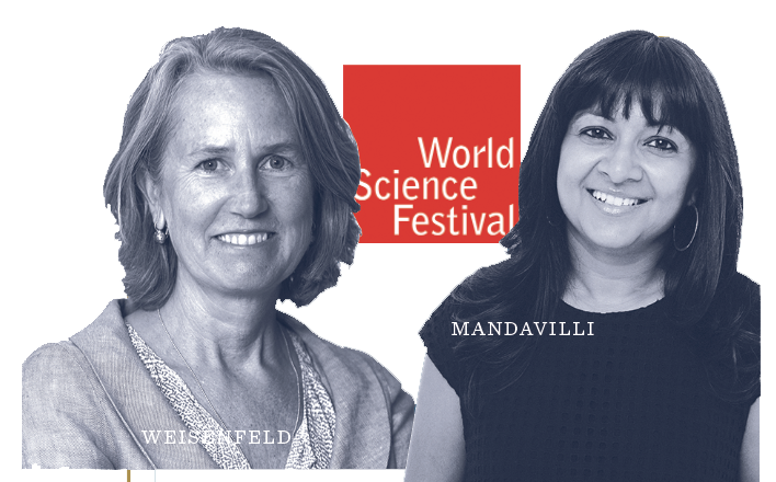 Two women, one with light hair labeled WEISFELD and one with dark hair labeled MANDAVILLI, smile in front of a red World Science Festival logo.