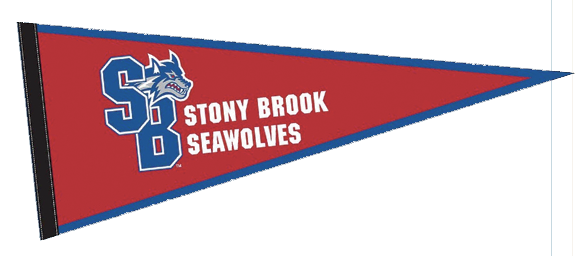 A red pennant with a blue border reads Stony Brook Seawolves and features a stylized wolf head and the letters SB in blue and white.
