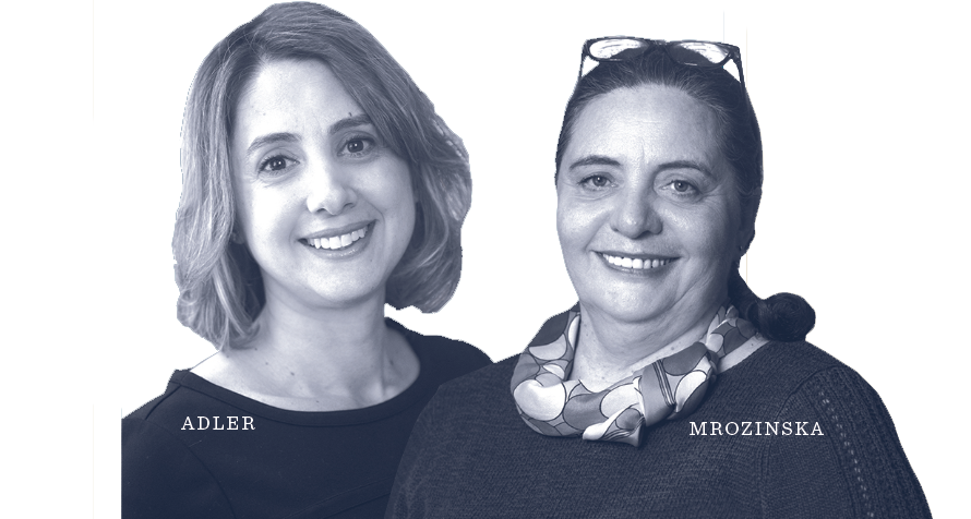 Two women smiling at the camera with text labeling them as Adler and Mrozinska. One has short hair, the other has her hair tied back and is wearing a scarf.