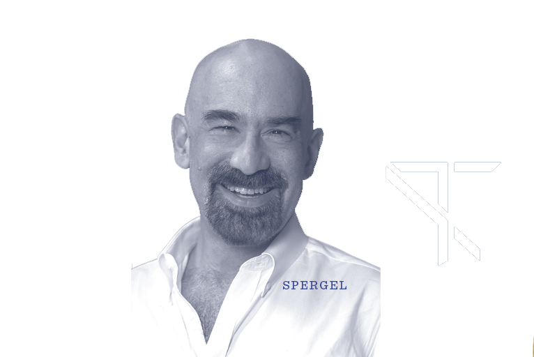 Smiling bald man with a beard wearing a white shirt. The word SPERGEL appears in blue text near his chest, and a minimalist geometric design is in the background on the right.