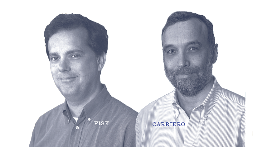 Two men in collared shirts are shown side by side against a light background. The name FISK is captioned under the man on the left, and CARRIERO under the man on the right.