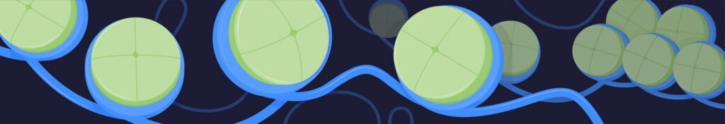 Abstract illustration of large green circular shapes outlined in blue, connected by wavy blue lines on a dark background.