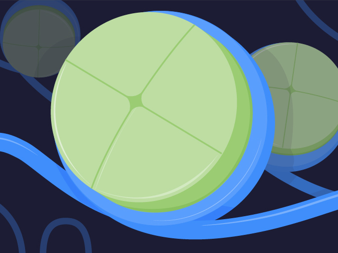 A large green circular object with cross lines is surrounded by blue curved lines and additional green circles on a dark background.