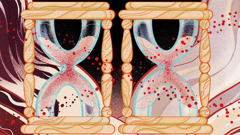 Illustration of two X chromosomes and women aging