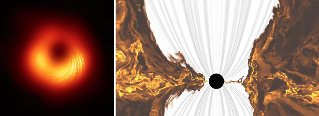 On the left, a glowing orange-and-yellow ring surrounds a dark center. On the right, a black circle is flanked by swirling orange, brown, and white patterns, resembling energy or gas around a black hole.