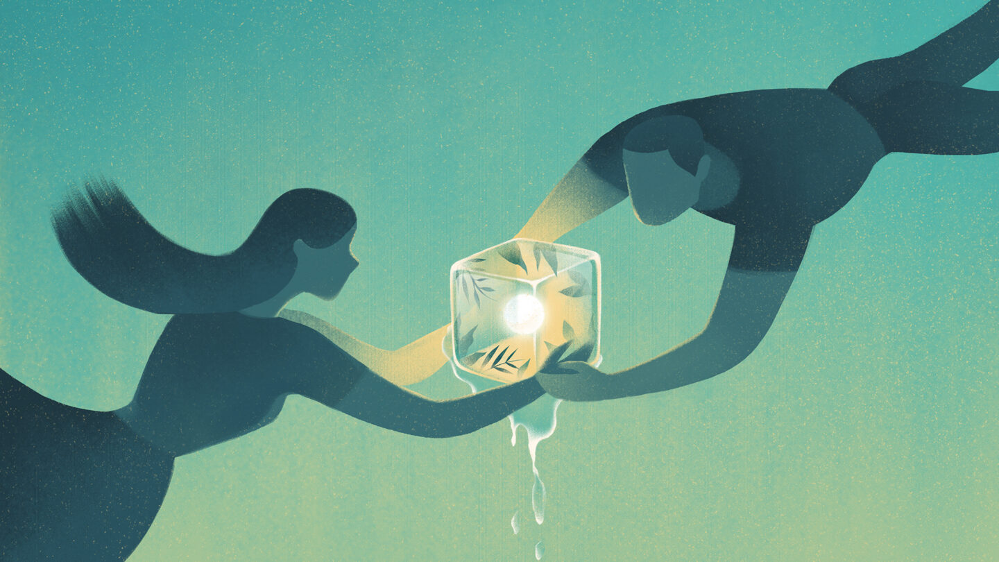 Digital illustration of two people holding a lit up, melting ice cube