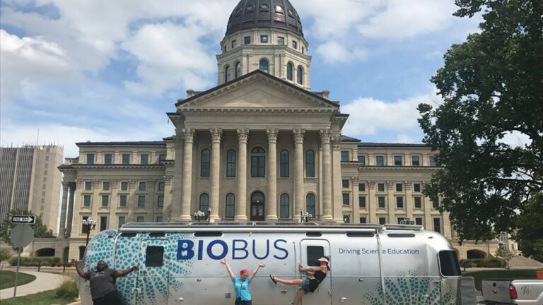 The new mobile lab’s rooftop solar panels are on display outside of the capital building in Topeka, Kansas