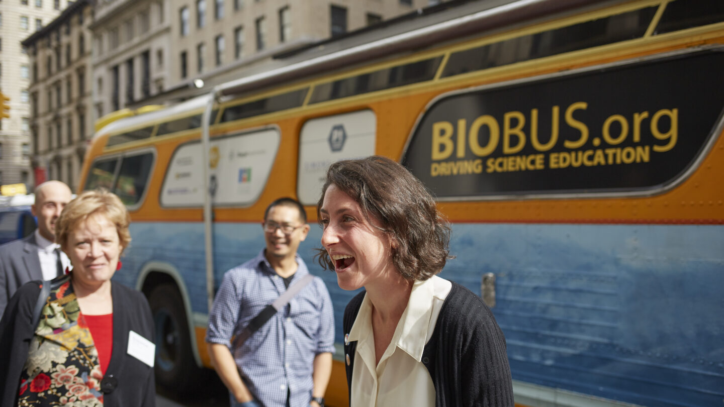BioBus chief scientist Sarah Weinberg poses with the original BioBus outside of the Simons Foundation in October 2015