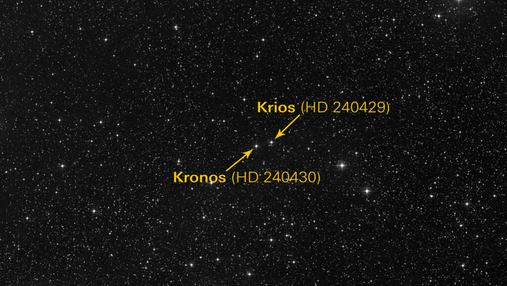 Starry sky with arrows pointing to Kronos (HD 240430) and Krios (HD 240429)