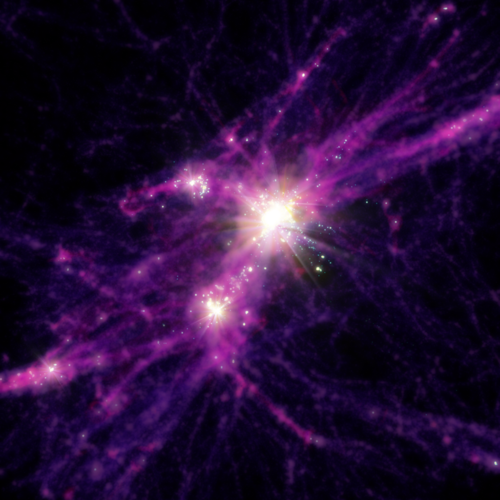 Bright cosmic clouds and filaments in purple and pink hues intersect, with glowing white-yellow light at the center, resembling a nebula or galaxy formation in deep space against a dark background.