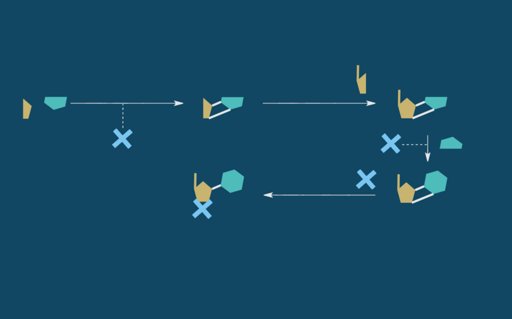 Diagram of molecules interacting, showing different stages and directions of reactions with arrows, geometric shapes, and X marks indicating points where processes are blocked or do not occur.