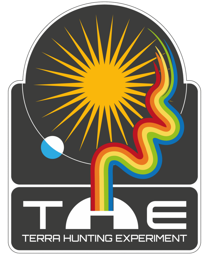A logo with a yellow sun and orbiting blue planet, a rainbow wavy line, and the text THE Terra Hunting Experiment on a dark background.