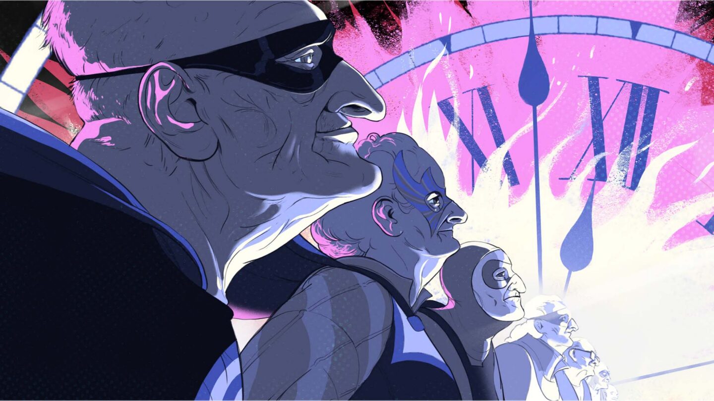 an illustration of elderly super heroes