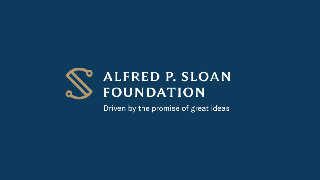 Alfred P. Sloan Foundation logo on a blue background with the slogan Driven by the promise of great ideas beneath the foundations name and a gold abstract S symbol on the left.