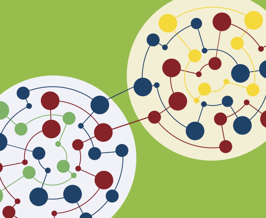 Abstract illustration of interconnected colorful circles and lines forming network patterns on overlapping light blue and cream circles, set against a green background.