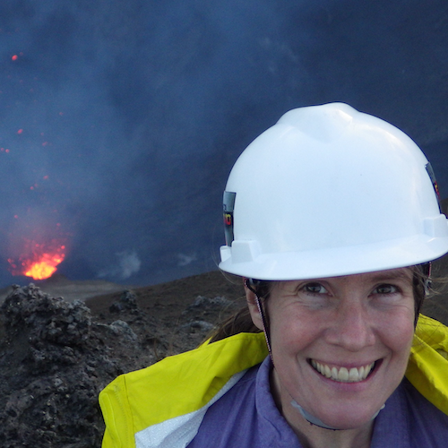 Elizabeth Turtle in front of an erupting volcano