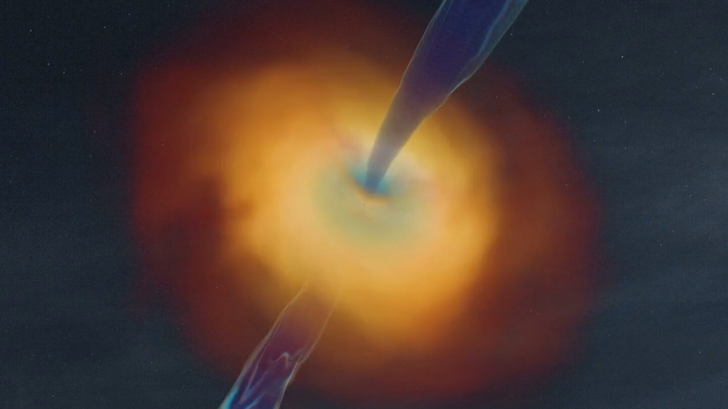 3D rendering of a rapidly spinning black hole's accretion disk and a resulting black hole-powered jet
