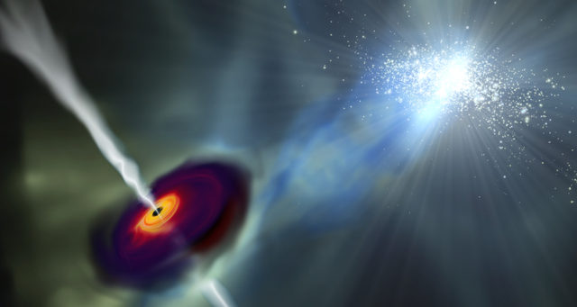 Illustration of a black hole emitting bright jets, with colorful swirling matter around it and a bright star cluster in the distance, set against a dark space background with radiant light beams.