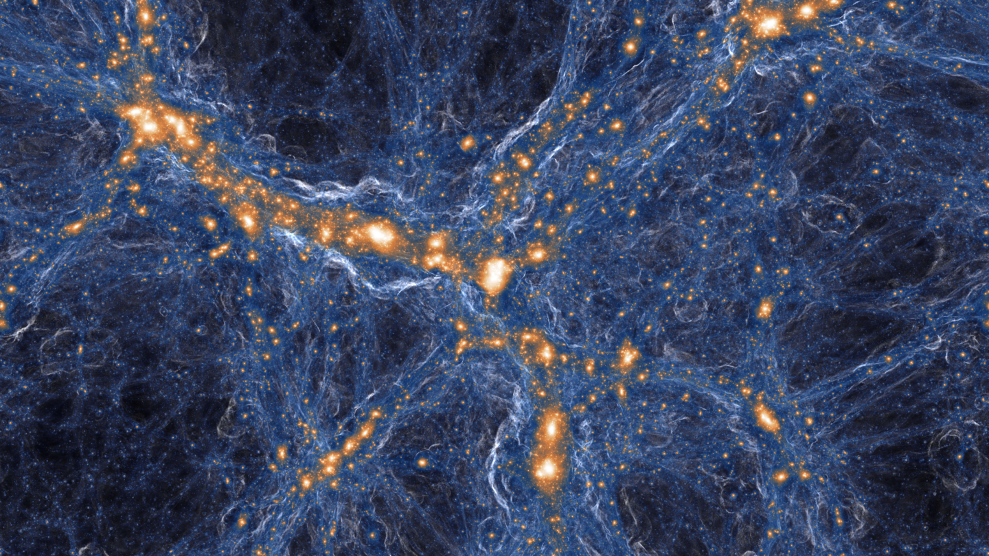 Visualization of the intensity of shock waves in the cosmic gas (blue) around collapsed dark matter structures (orange/white)