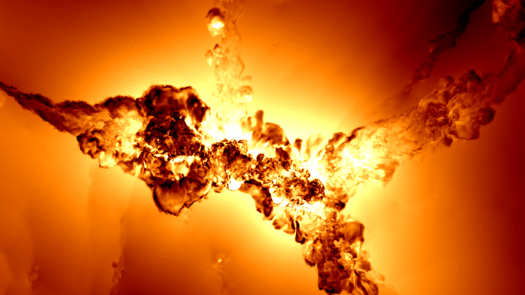 Rendering of the gas velocity in a thin slice of 100 kiloparsec thickness (in the viewing direction), centred on the second most massive galaxy cluster in the TNG100 calculation