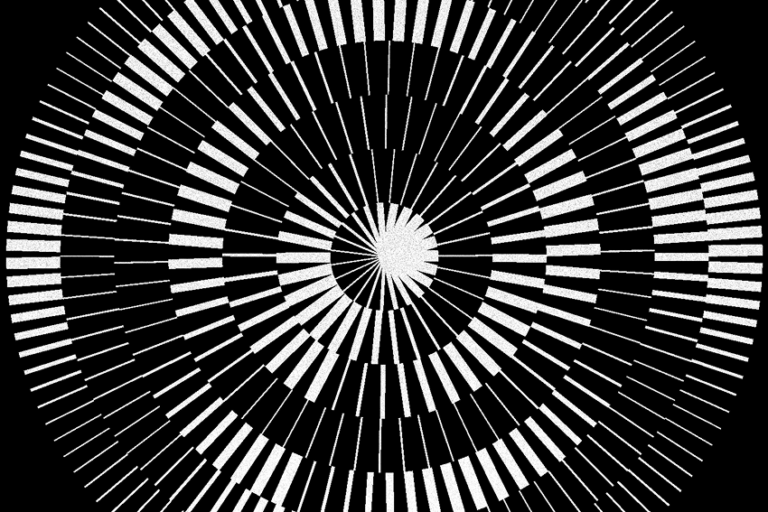 Black background with a circular, radial pattern of white bars spiraling outward from the center, creating concentric rings and a visually striking geometric design resembling a modern abstract art piece.
