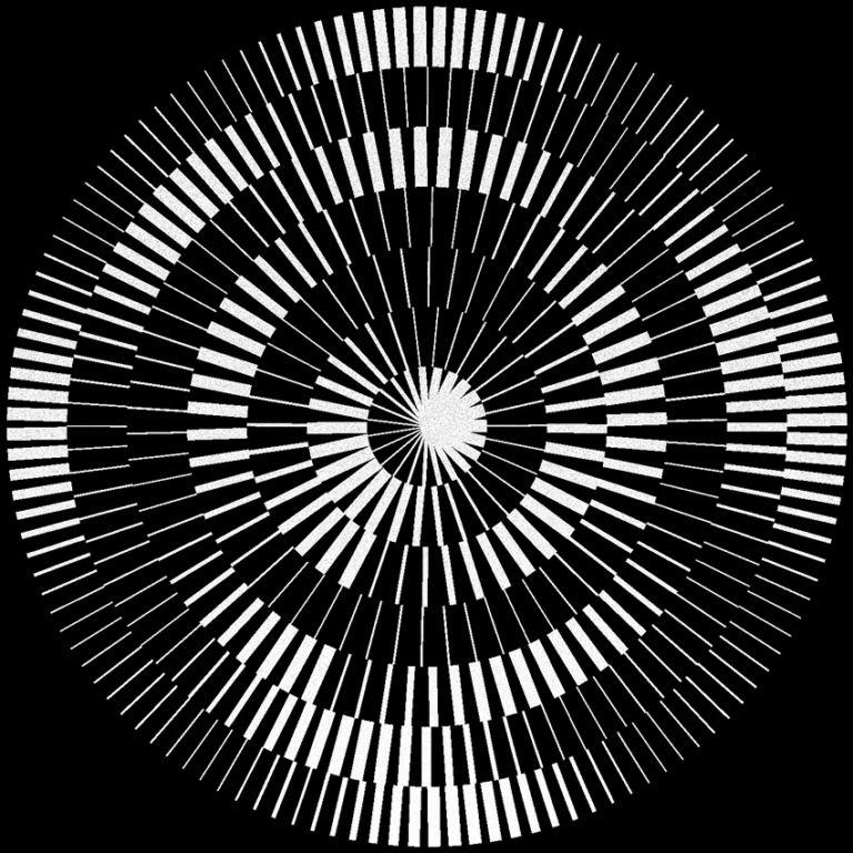 Black background with a circular, radial pattern of white bars spiraling outward from the center, creating concentric rings and a visually striking geometric design resembling a modern abstract art piece.