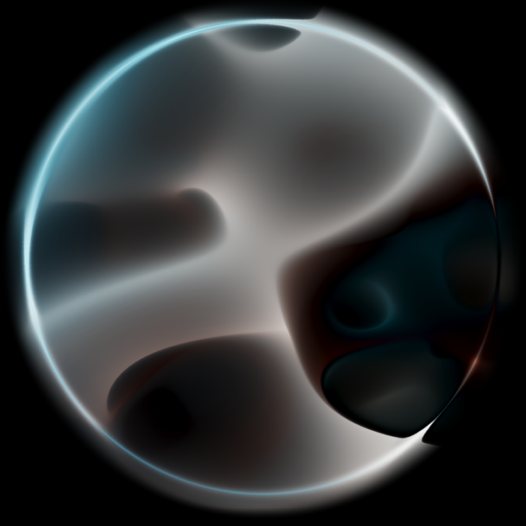 A glowing, abstract sphere with smooth, swirling gradients of blue, gray, and black on a dark background, giving a futuristic, ethereal appearance.