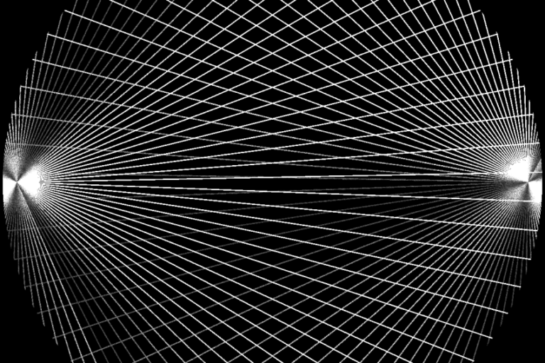A black background with white lines intersecting in a circular pattern, forming a geometric, web-like design with bright points at both ends of the horizontal axis.