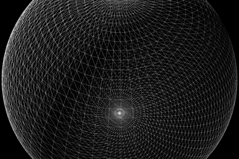 A black background with a large, detailed white wireframe sphere, featuring intricate geometric patterns and two bright focal points near the top and bottom.