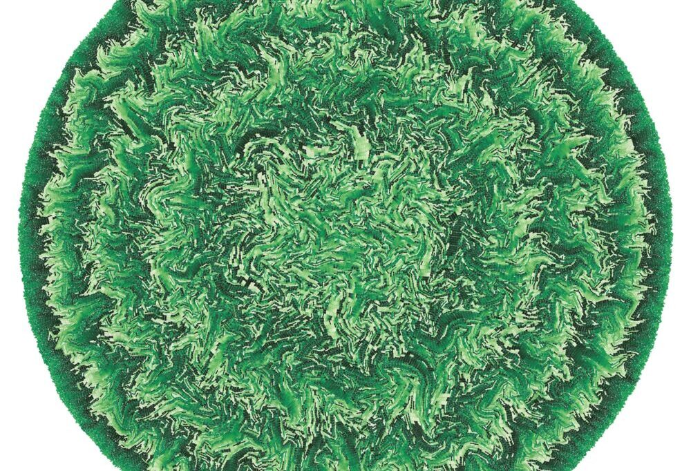 A circular, abstract pattern with various shades of green, resembling swirling, textured foliage or lettuce leaves arranged concentrically.
