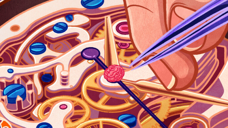 A digital illustration of human hands holding a pair of tweezers and a clock with its face opened, revealing several layers of gears and other components. The tweezers are poised towards a tiny stylized human brain upon the clock's seconds hand. Stylized models of DNA strands are seen in front and behind the human hands and clock.
