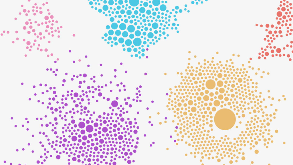 Different colored clusters of dots: purple, pink, red, yellow and blue