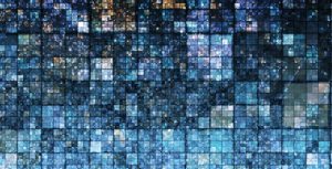 A mosaic of small, blue-tinted squares forms an abstract digital pattern, resembling pixels or tiles, with varying shades and light reflections throughout the image.