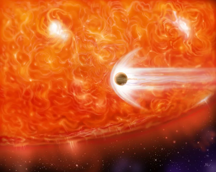 A planet with a glowing trail passes close to the surface of a massive, fiery orange star, with swirling gases and bright spots visible, and space in the background.