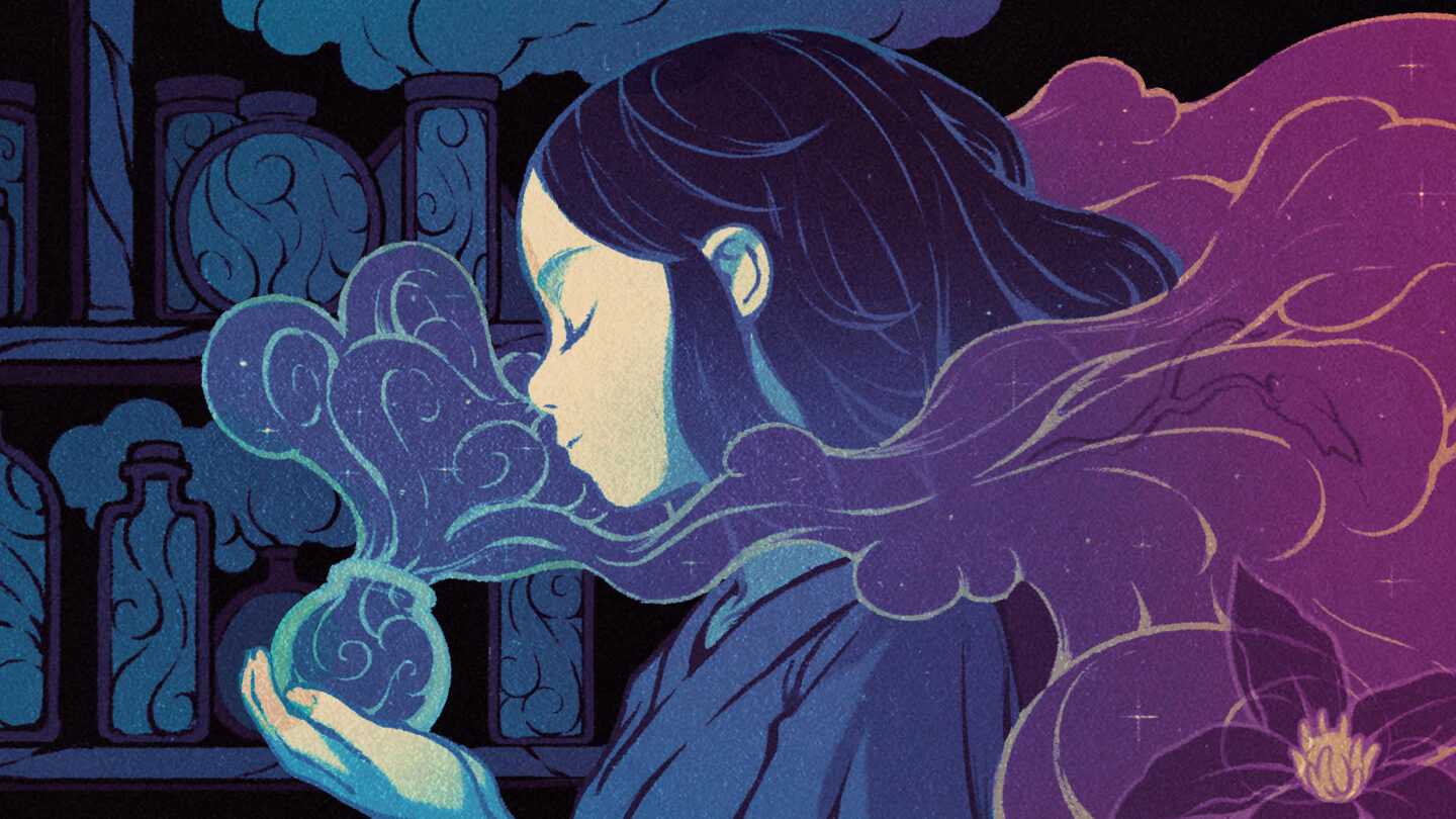 Digital illustration of woman smelling a ball emitting scents