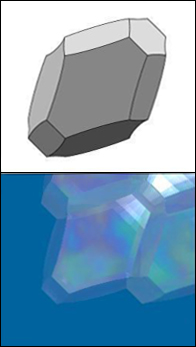 A grey, faceted shape on white is shown above a similar blue, translucent shape with iridescent highlights against a blue background.