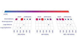 A chart shows colored dots representing deletions and duplications for three gene types by category. Dot size and color indicate frequency and significance, with a color scale bar for p-values above the chart.