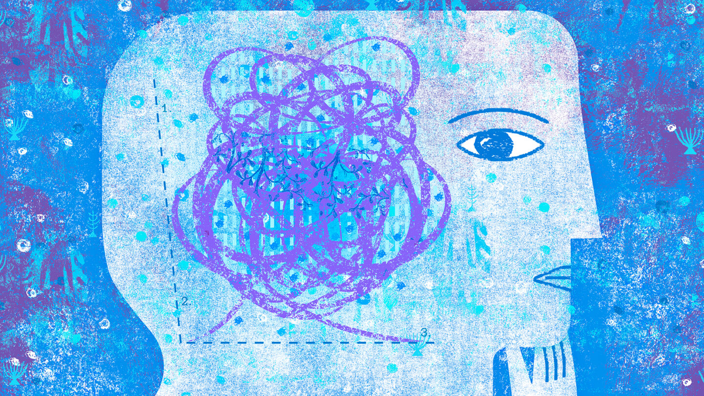 Digital illustration of the side view of a person's face. Inside the enlarged head is a graph with jumbled lines on it