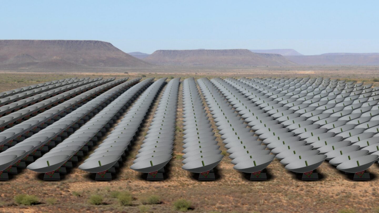 An artist’s illustration of the 1,024 HIRAX dishes in the Karoo Desert in South Africa.