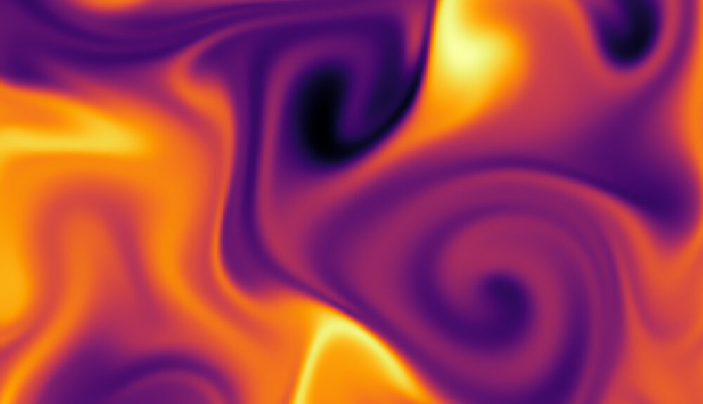 Abstract swirls of yellow, orange, and purple blend together, forming a dynamic, fluid pattern with smooth gradients and spiral shapes reminiscent of marbled or liquid art.
