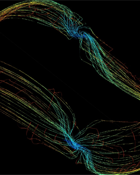 Colorful, looping lines form a symmetrical, abstract pattern against a black background, with blue, green, yellow, and red gradients converging at two focal points on opposite sides.